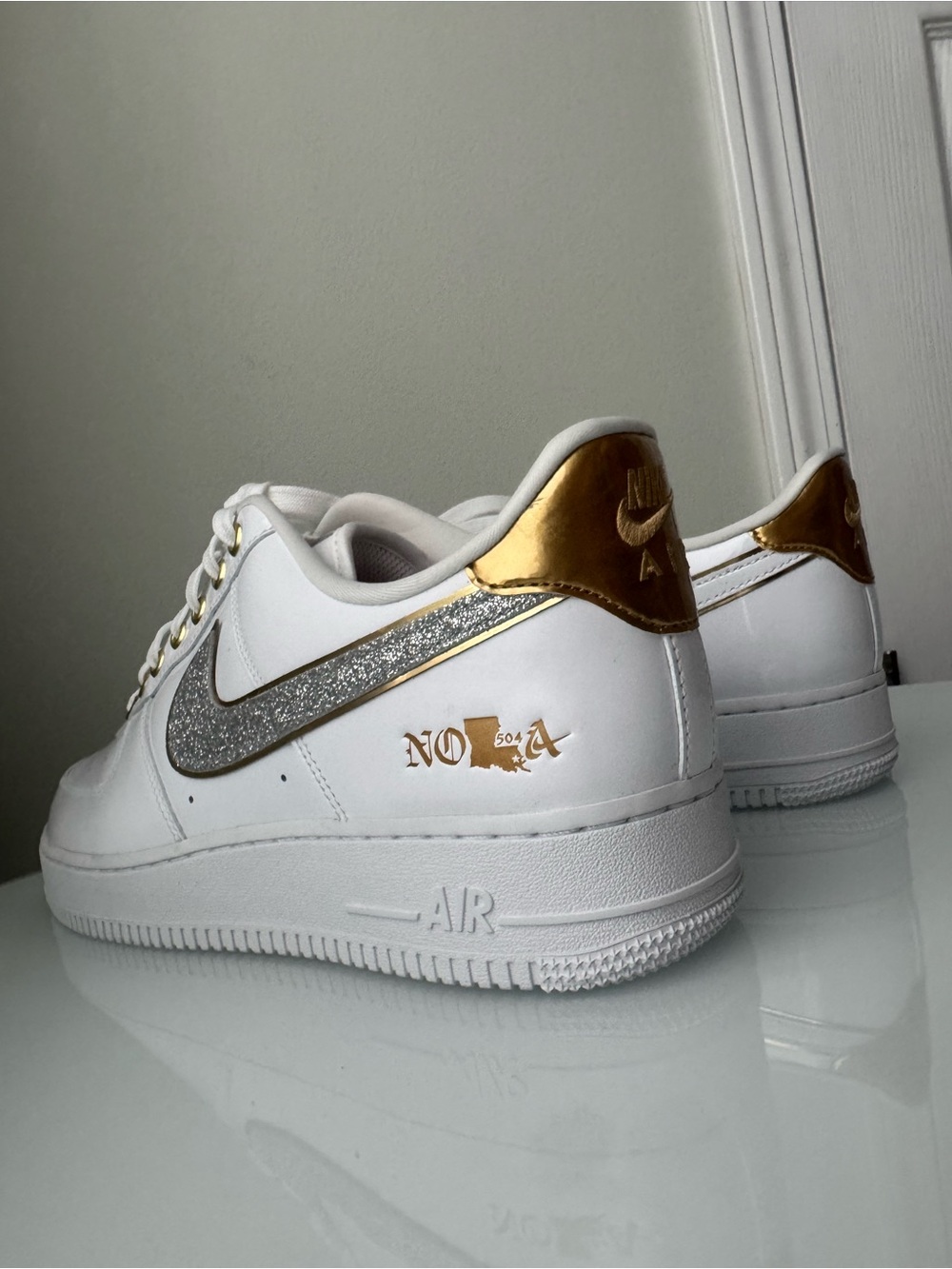 Nike White Air Force 1s New Orleans LA Gold Patent Leather Sneakers AF1 11.5